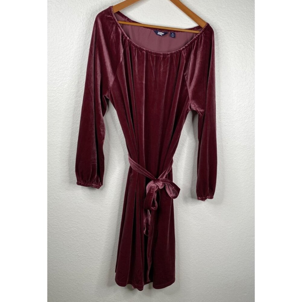 Lands End Women's Velvet Belted Stretch Peasant Holiday Dress Pink Size 1X